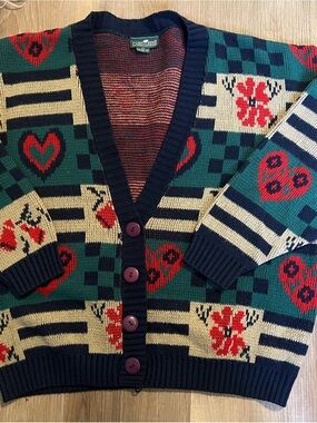 Vintage Cabin Creek Green, Navy & Red Geometric Heart Cardigan Sz Med
